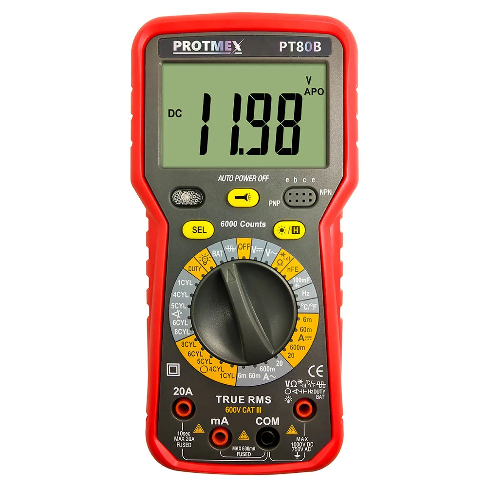 

Protmex PT80B/80E 6000 Counts Digital Auto/Manual Car Tester Multimeter DC/AC Voltage, Current,, Resistance, Capacitance Tester