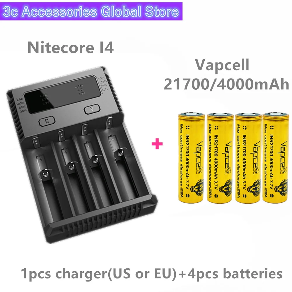 Vapcell 4 шт. INR 21700 4000 мАч 28A литий ионный перезаряжаемый аккумулятор с Nitecore новинка