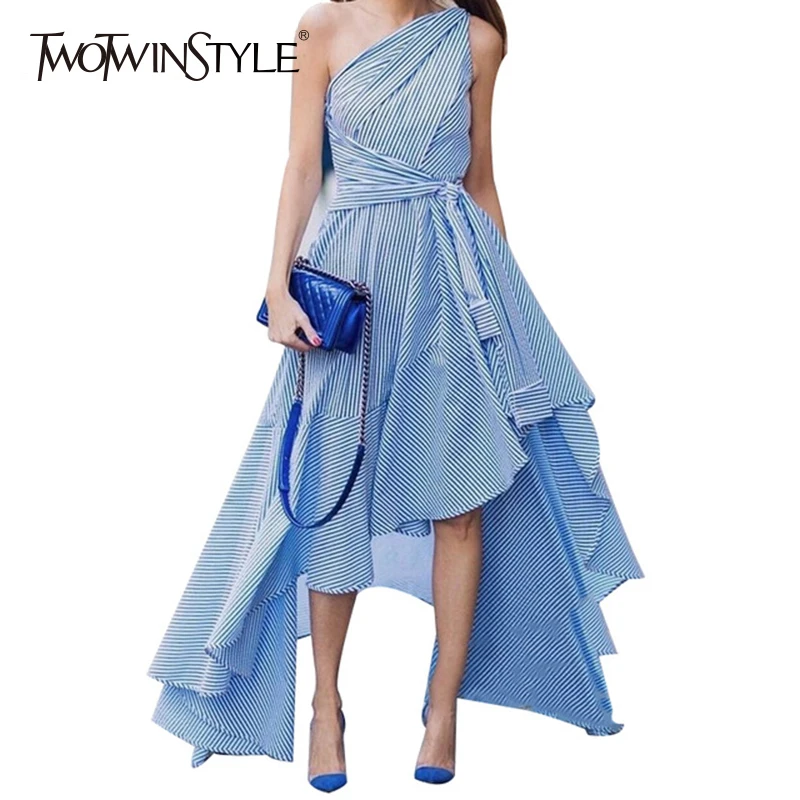 TWOTWINSTYLE Striped Belt Dress Female Off Shoulder High Waist Draped Asymmetrical Long Dresses 