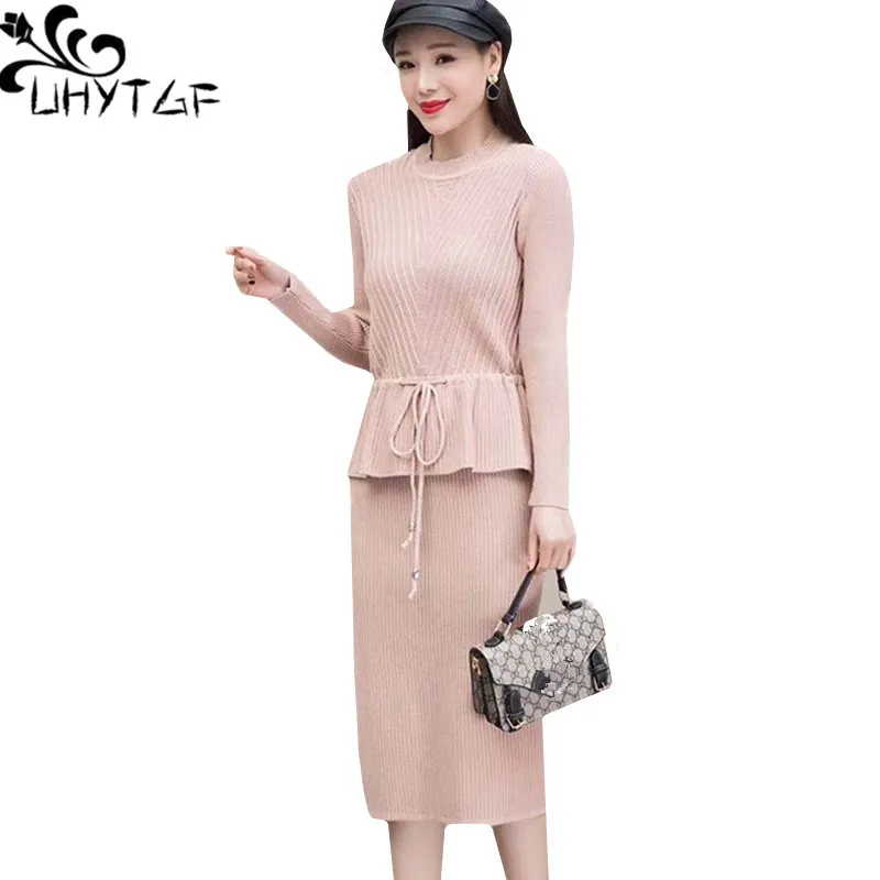 

UHYTGF Plus size knit pullover top and skirt dress Female fashion two-piece autumn winter dress women slim Lady elegant dress179