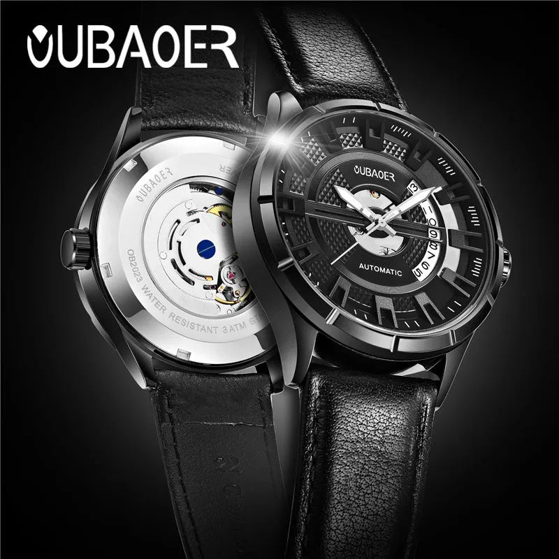 Skup 2019 OUBAOER oryginalne męskie zegarki Top marka luksusowe automatyczne mechaniczne zegarki skórzane zegarki wojskowe zegar mężczyźni Relojes Masculino