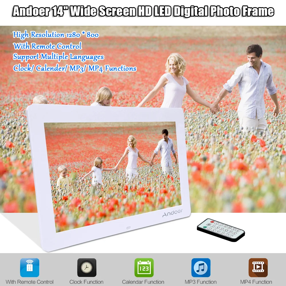 Andoer 1" HD электронная цифровая фоторамка 1280*800 фоторамка с пультом дистанционного управления, включая светодиодный Календарь часов MP3 MP4 - Цвет: Слоновая кость