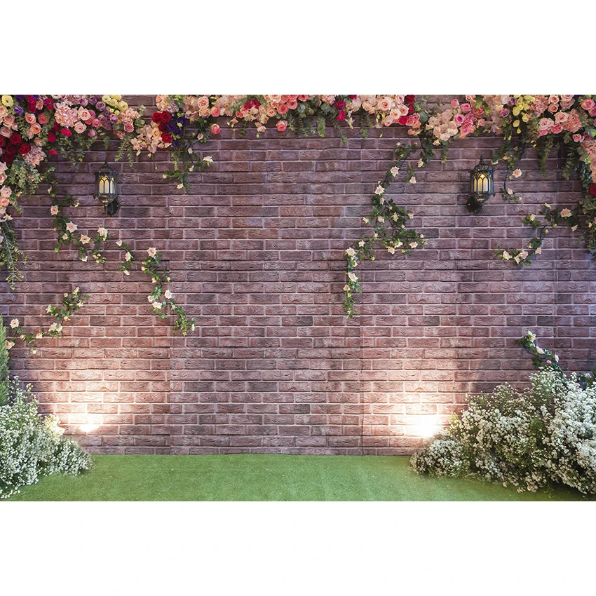 

Antique Brick Wall Photography Background Colourful Flowers With Lights Backdrop For Wedding Party Decor Engagement Ceremony