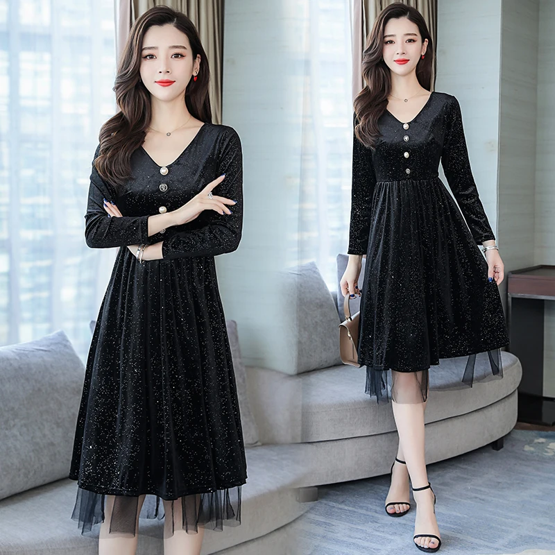 2019 New Spring Fashion Women's Clothing Flare Long Sleeves Solid Color Dress V-neck Velvet Dresses Female |