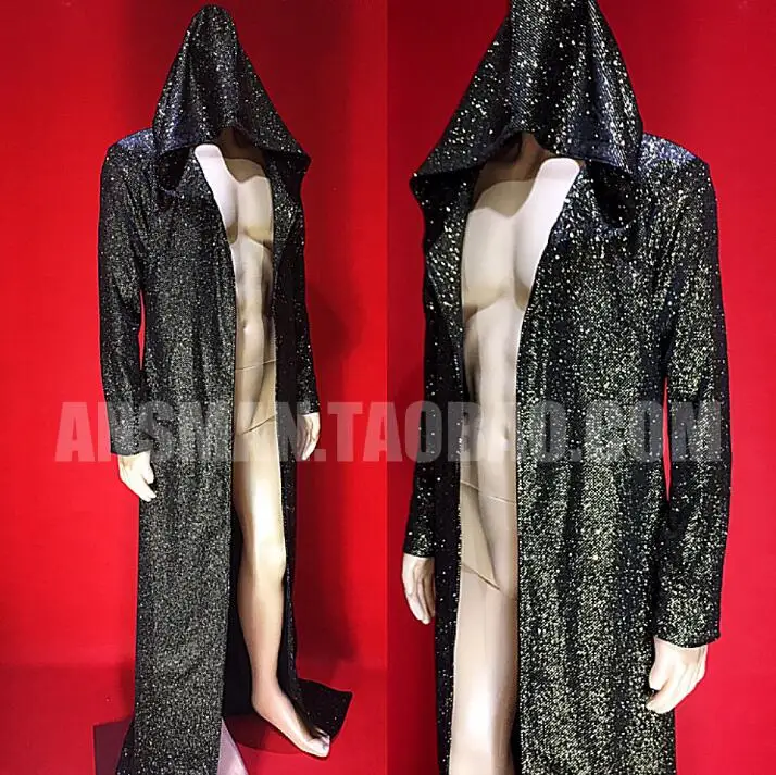 

New Bar Nightclub Men Black Gold Super Shiny Flash Diamond jackets male Long Style cloak Trench coat Personalized Stage Costume