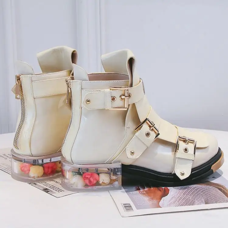 

punk sneakers women white black pu leather Motorcycle boots Transparent fretwork heels flower decor ankle boots low heels shoes