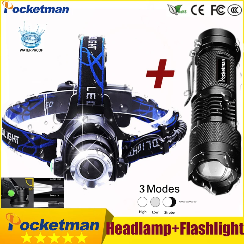 

3800LM Head lamp LED Headlight T6 Head lights headlamps + Q5 Mini flashlight 2000lm Zoomable Zaklamp Taschenlampe