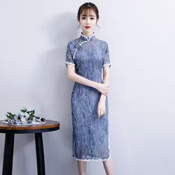 Девушка Тонкий Qipao пикантные кружево платье с цветочным рисунком классический ручной работы Кнопка платья для женщин короткий рукав