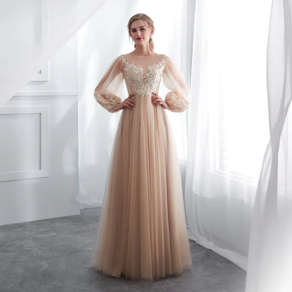 Robe Soiree Longue Femme 2019 Walk Beside You Dark Champagne Evening Dresses Long Sleeve Lace Applique Illusion Bodice Prom Gown