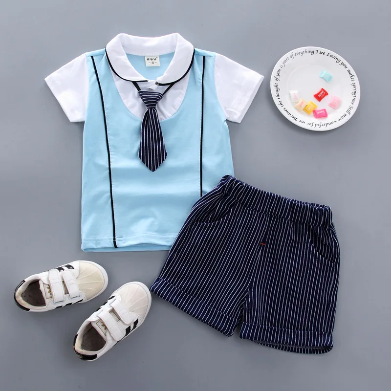 Летние комплекты одежды для маленьких мальчиков комплекты одежды в джентльменском стиле футболка+ штаны, 2 предмета, повседневный детский спортивный костюм комплекты одежды для маленьких мальчиков - Цвет: blue