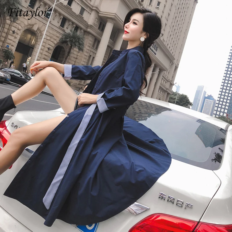 

Fitaylor 2019 New Woman New Spring Autumn Simple Classic Stand collar Sashes Stitching Loose Long Windbreaker Women Trench Coat