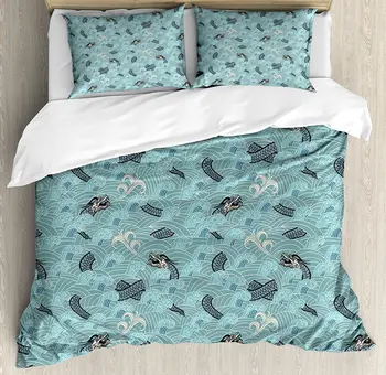 

Japanese Wave Duvet Cover Set Asian Style Pattern with Dragon Figures and Sea Waves Mythology Monster Decor 4 Piece Bedding Set