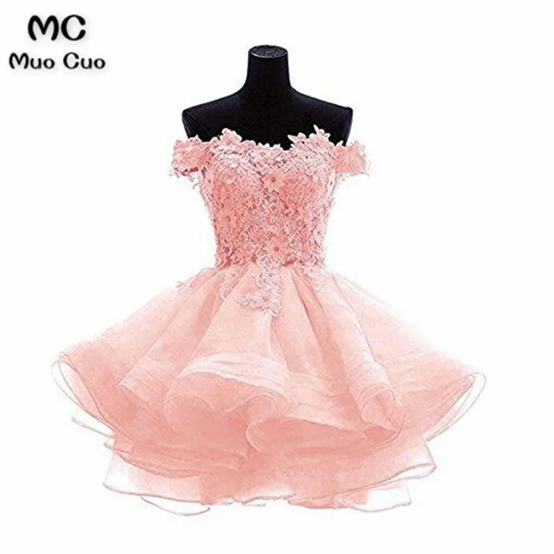 Бальное платье с открытыми плечами платья на выпускной, вечер встречи выпускников короткие с аппликацией оборками Коктейльные Вечерние платья - Цвет: pink