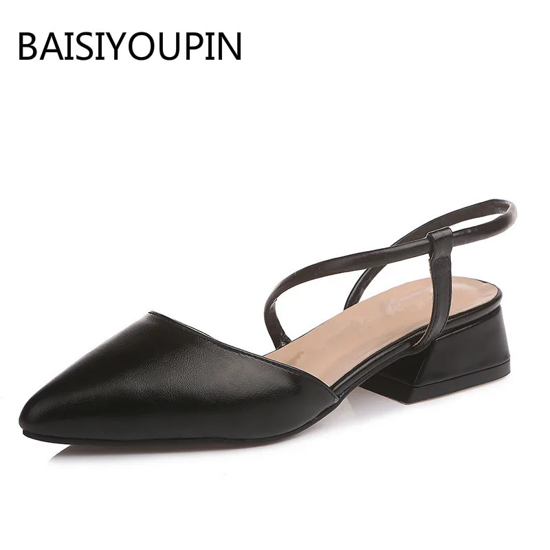 

Solid Pointed Toe PU Leather Women Sandals Shoes Casual Slip-On Square Thick Heel Shallow Loafers Flats Female Sandals Shoes
