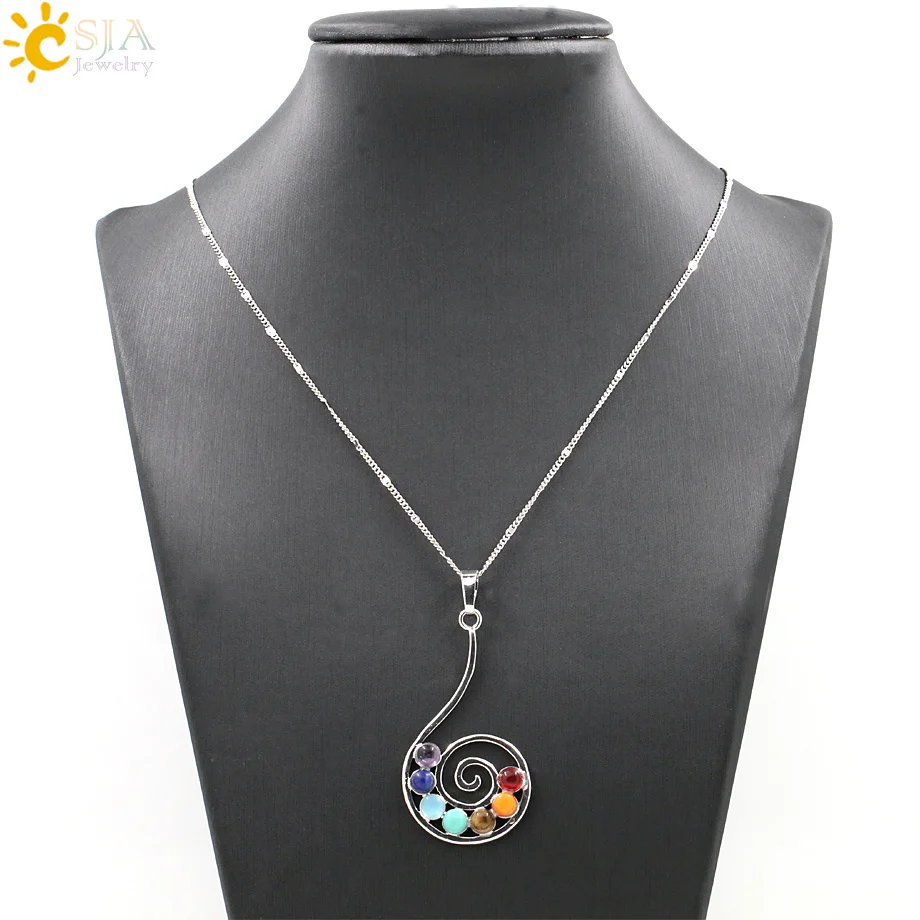 

CSJA 1pc 2016 New Fashion Yoga Reiki Symbols piedras pendentif chaine 7 Chakras Healing Stones Pendant Necklace Pendulum E038