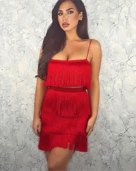 

Women Summer Fashion Sexy Tassel Red White 2 Piece Bandage Dress 2018 Knitted Elastic Bodycon Party Dress