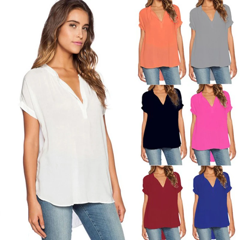 

2018 Summer Chiffon Blouse Shirt Fashion New Women's V-neck Short Sleeve Loose ladies Shirt Blouse Plus Size 4XL LDW740