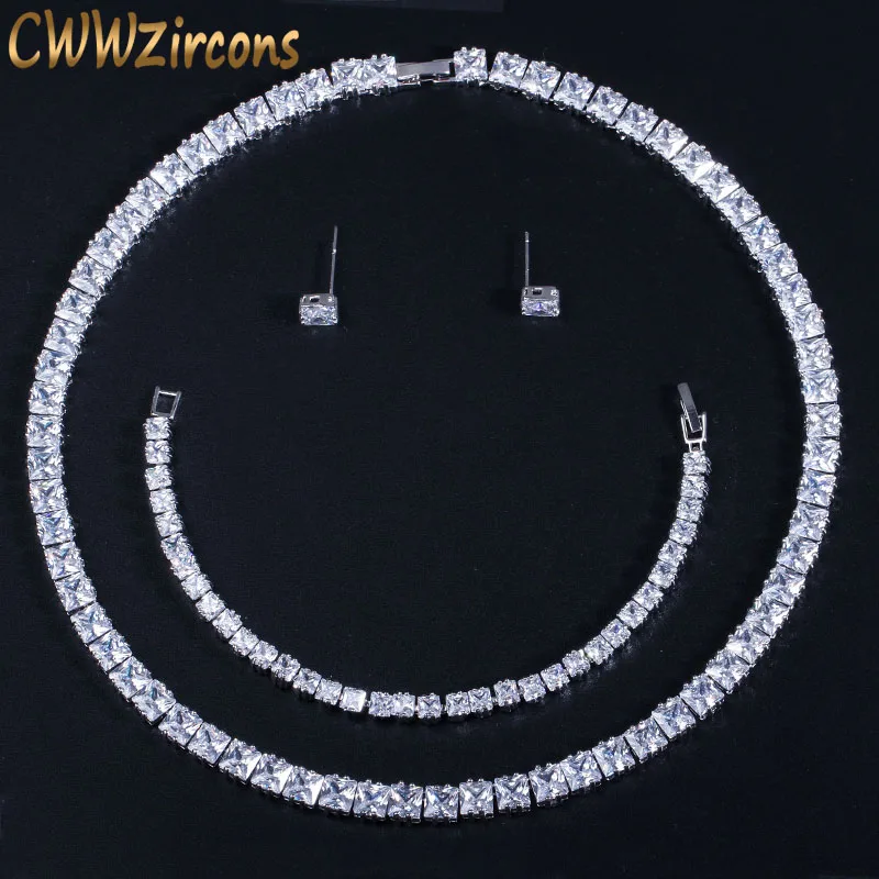 CWWZircons сверкающая принцесса огранка кубический цирконий колье ожерелье серьги браслет набор для женщин Свадебная вечеринка ювелирные изделия T314 - Окраска металла: white
