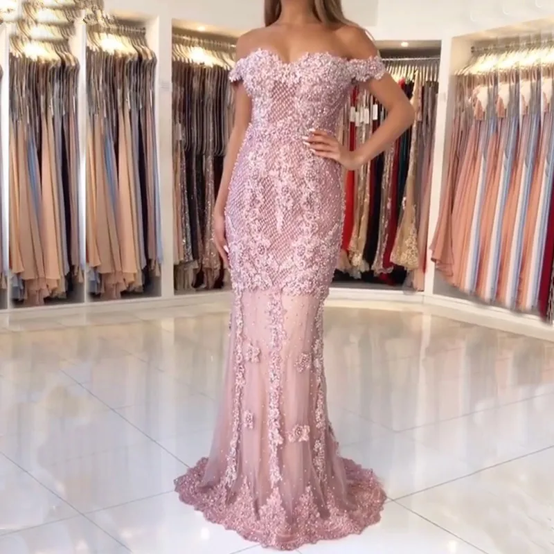 Off-Shoulder-Arabic-Long-Turkish-Pink-Lace-Beaded-Mermaid-Formal-Evening-Prom-Gown-Lebanon-Abiye-Party