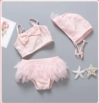 

2019 Children Summer Sweet Pink Swimwear Suits With Hat, Baby Kids Cute Sequined Bow Swim Suits 5 sets/lot Free shipping