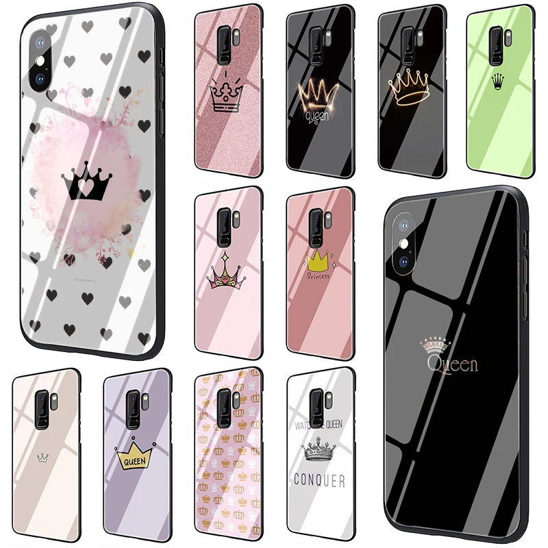 Best PRINCESS Queen crown king Tempered Glass Phone case for Galaxy S7 Edge S8 S9 S10 Plus Note 8 9 A10 20 30 40 50 60 70