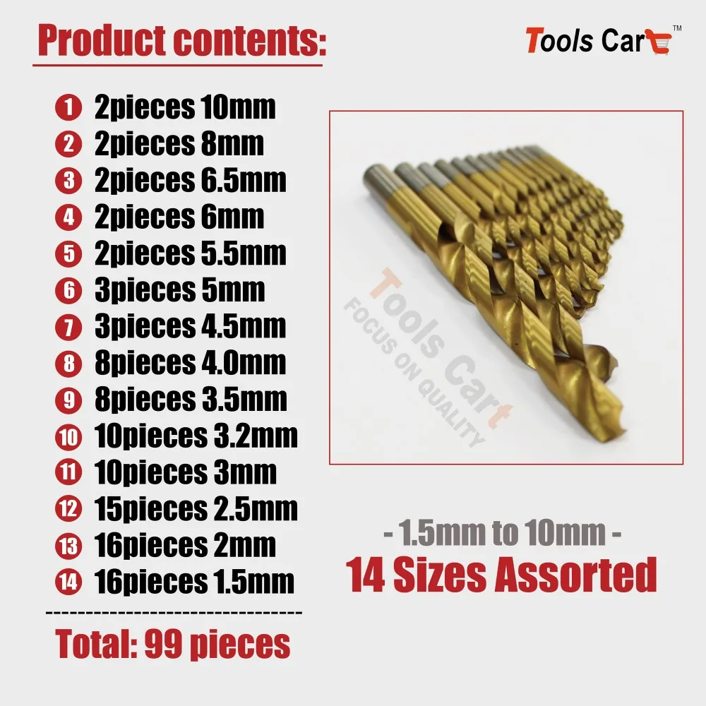 99PCS HSS Straight Shank BIT SET TWIST DRILLS 1.5MM-10MM Hand Tool DS-99P 99PCS HSS Straight Shank BIT SET TWIST DRILLS 1.5MM-10MM Hand Tool DS-99P