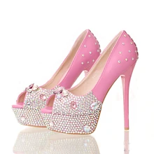 Handgemachte Frauen Prom Pumps mit AB Strass Rosa Peep Toe Strass Hochzeit Kleid Schuhe Hochzeitstag-partei Schuhe in Rosa