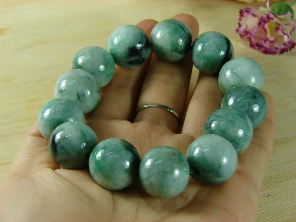 

huij 001582 Big Green Grade A Jade Bead Bracelet Bangle Chinese