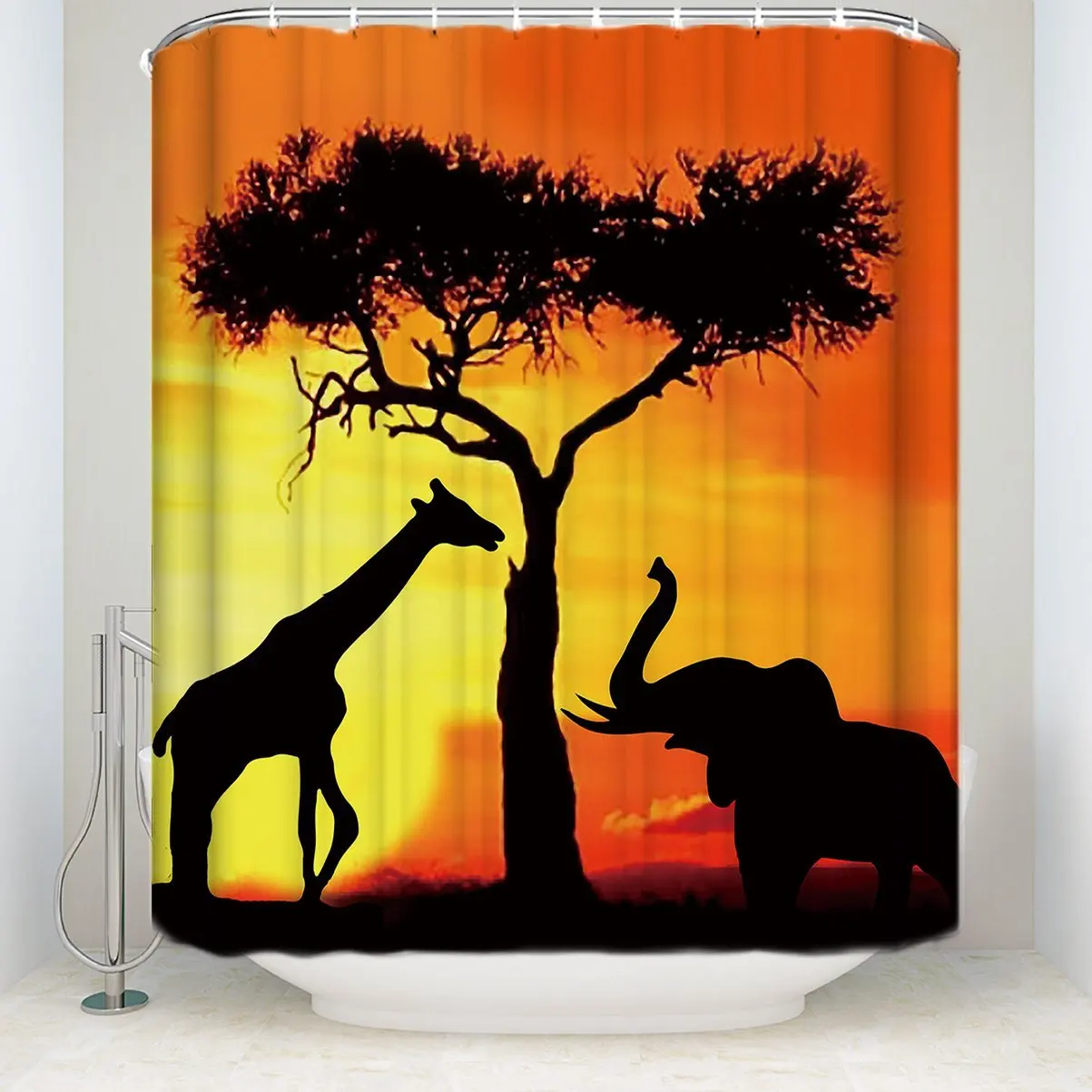 African Animals Shower Curtain Giraffe and Elephant Playing in the