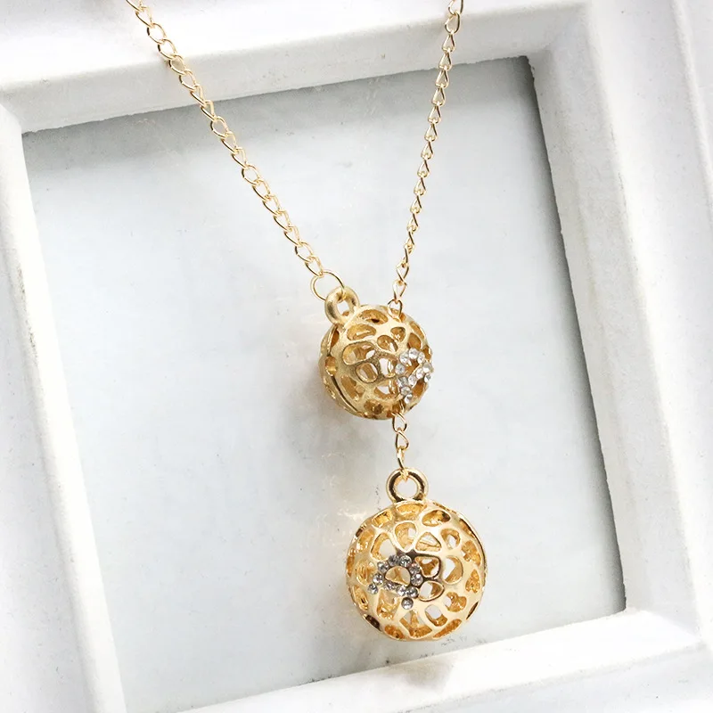 Hollow Ball Necklaces Gold Crystal Pendants Rhinestone Charm Link Chain