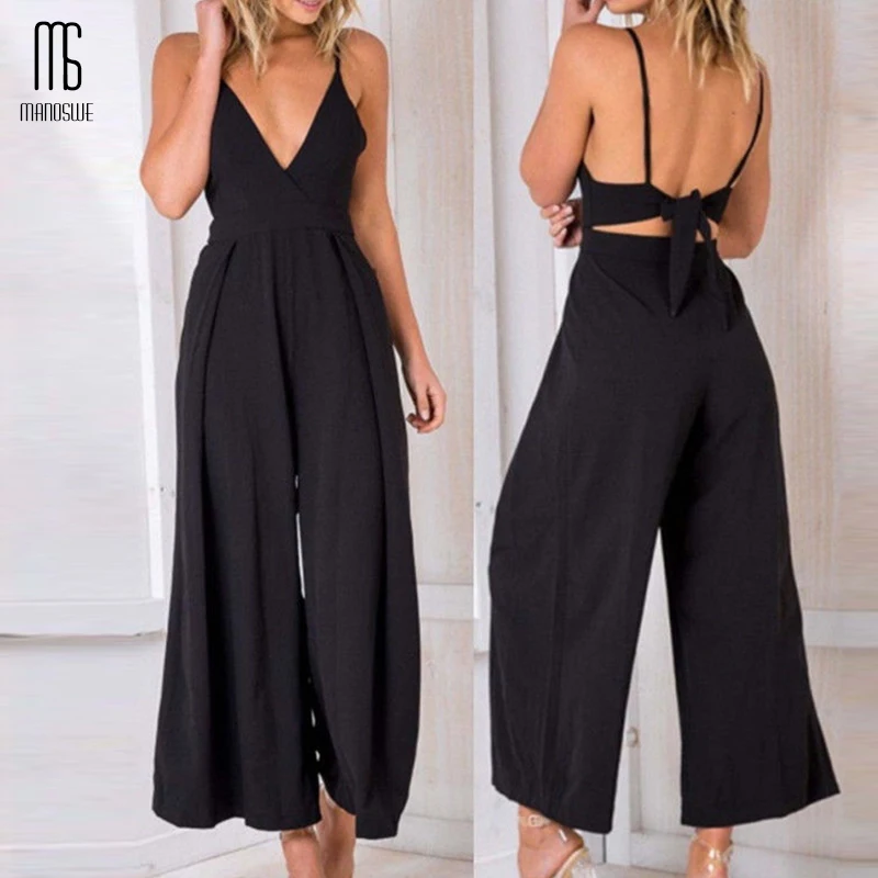 

Manoswe Sexy Lace Up Backless Overalls V Neck Black Jumpsuit Romper Womens Jumpsuits Long Pants Pure Overalls For Girls