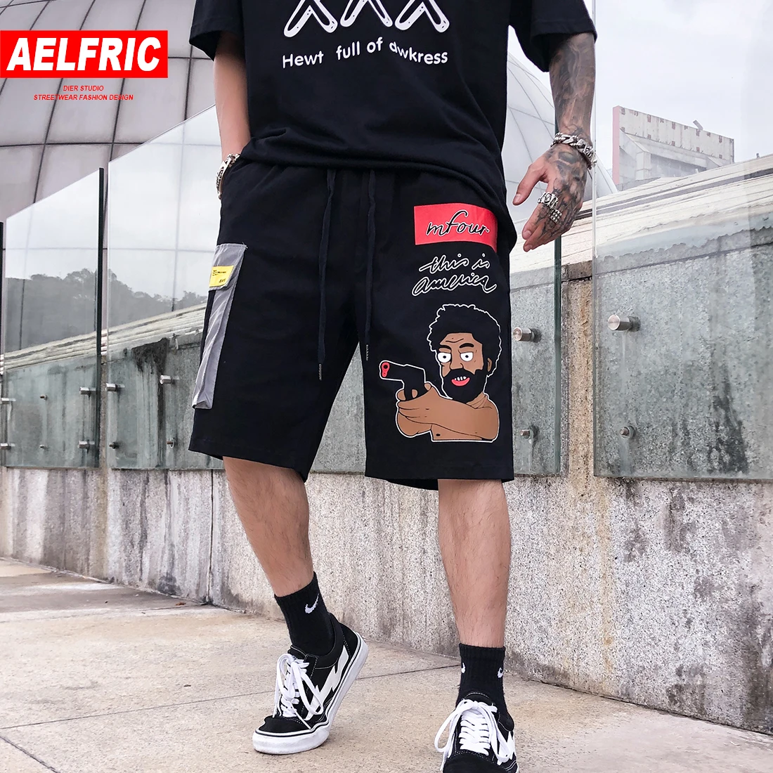 AELFRIC цвет лоскутное письмо Забавный узор повседневные шорты с принтом для мужчин летние короткие Jogger хип хоп Уличная фитнес до колен