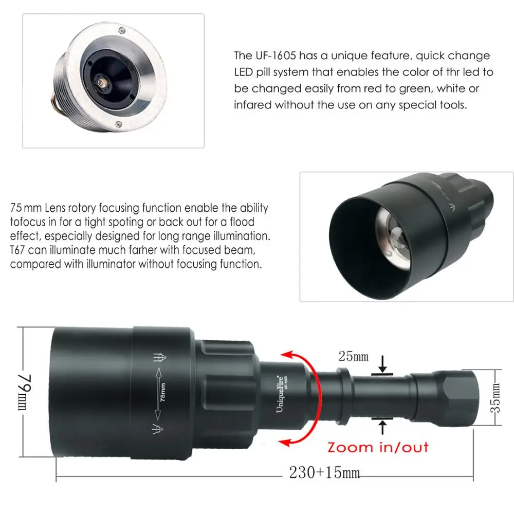  UniqueFire 1605 USB Rechargeable XML T6 LED Flashlight White Light 75mm Convex Lens Focus Adjustabl - 33006930366