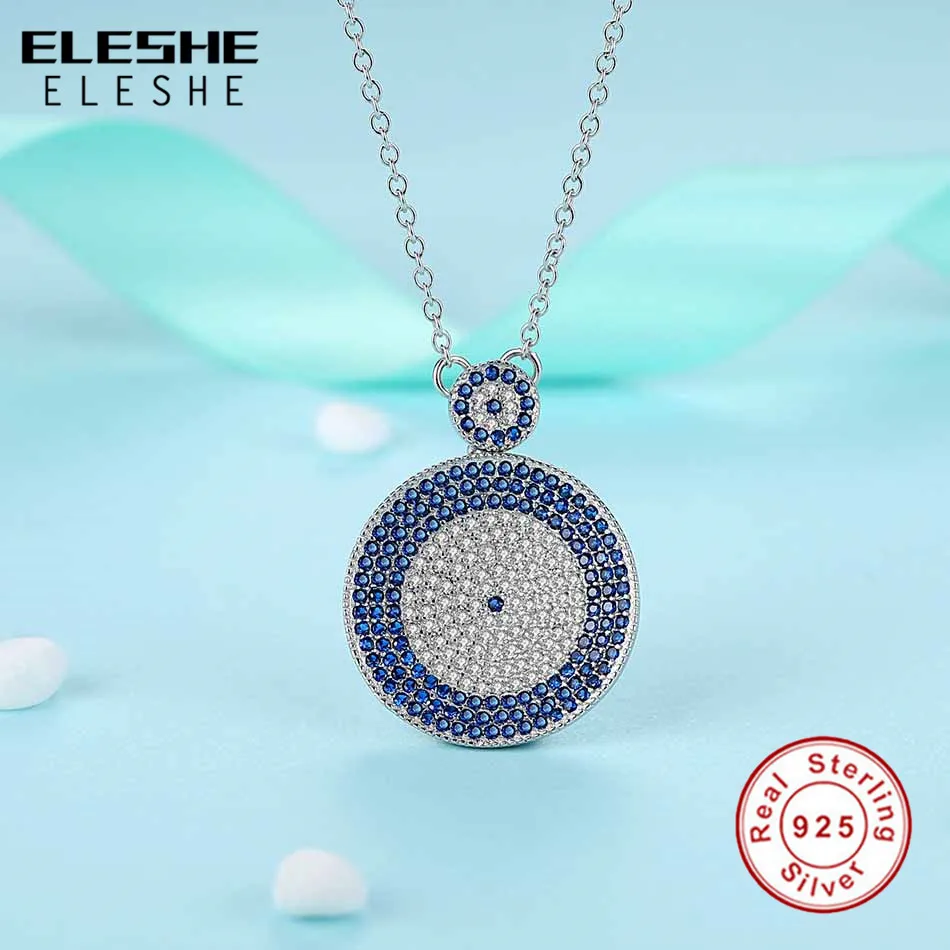ELESHE Double Round Unique Cubic Zirconia Blue Crystal Necklace & Pendants 925 Sterling Silver Elegant Wedding Jewelry For Women