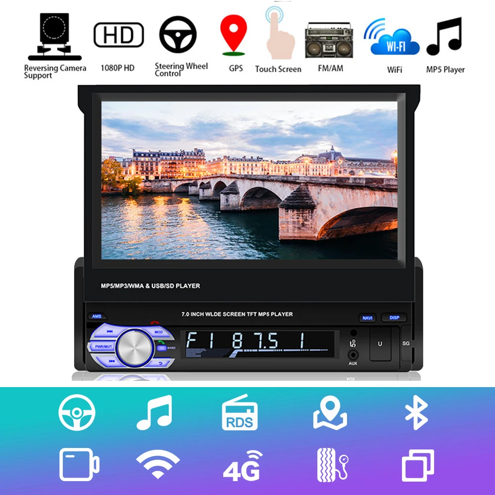 

Retractable Android 8.1 Car Radio Multimedia MP5 Player 1 Din 7" Universal Car GPS Navigation WIFI Bluetooth Stereo AM/FM/RDS