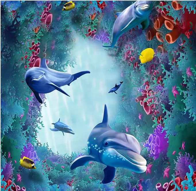 3d flooring custom mural wallpaper Seaweed coral dolphin floor for kids room murals | Обустройство дома