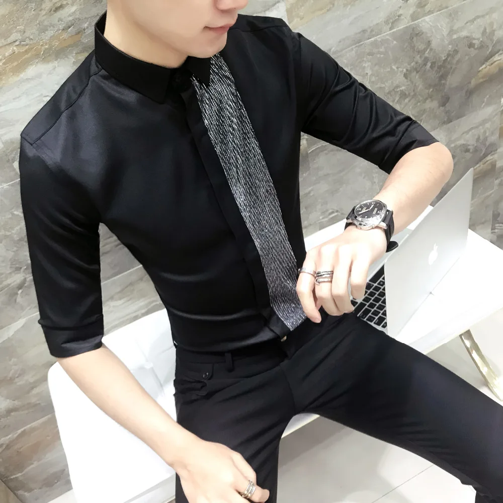 Летняя рубашка Для мужчин корейский 2018 дизайнер Slim Fit смокинг платье Половина