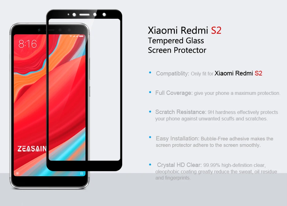 2 Pack Original ZEASAIN Screen Protector For Xiaomi Redmi S2 Xiomi Redmi S 2 Tempered Glass 9H Ultra Thin Protective Glass Film (5)