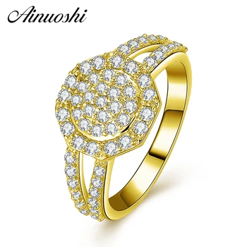 

AINUOSHI 14K Octagonal Halo Cluster Ring 14K Solid Yellow Gold Double Pave Setting CZ Band Wedding Engagement for Women Jewelry