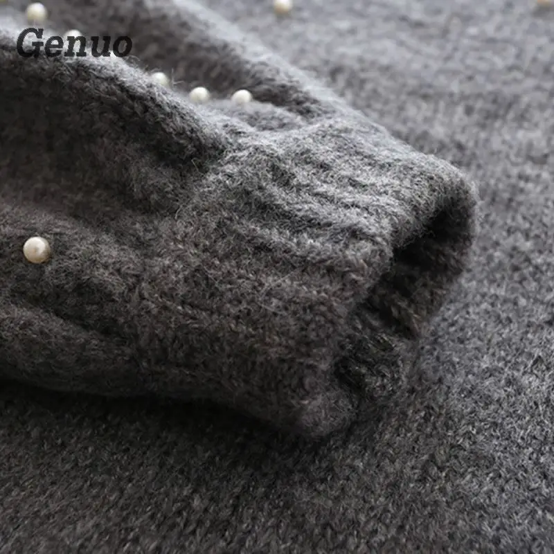 New 2018 Pullover Solid Color Long Sleeve Sweater Women Elegant Casual Elastic Loose Knitted Tops Actumn Pearl Sweater Genuo