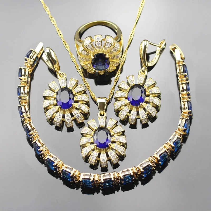 High Quality Gold Color 4 Pcs Jewelry Sets For Women Bridal With Blue