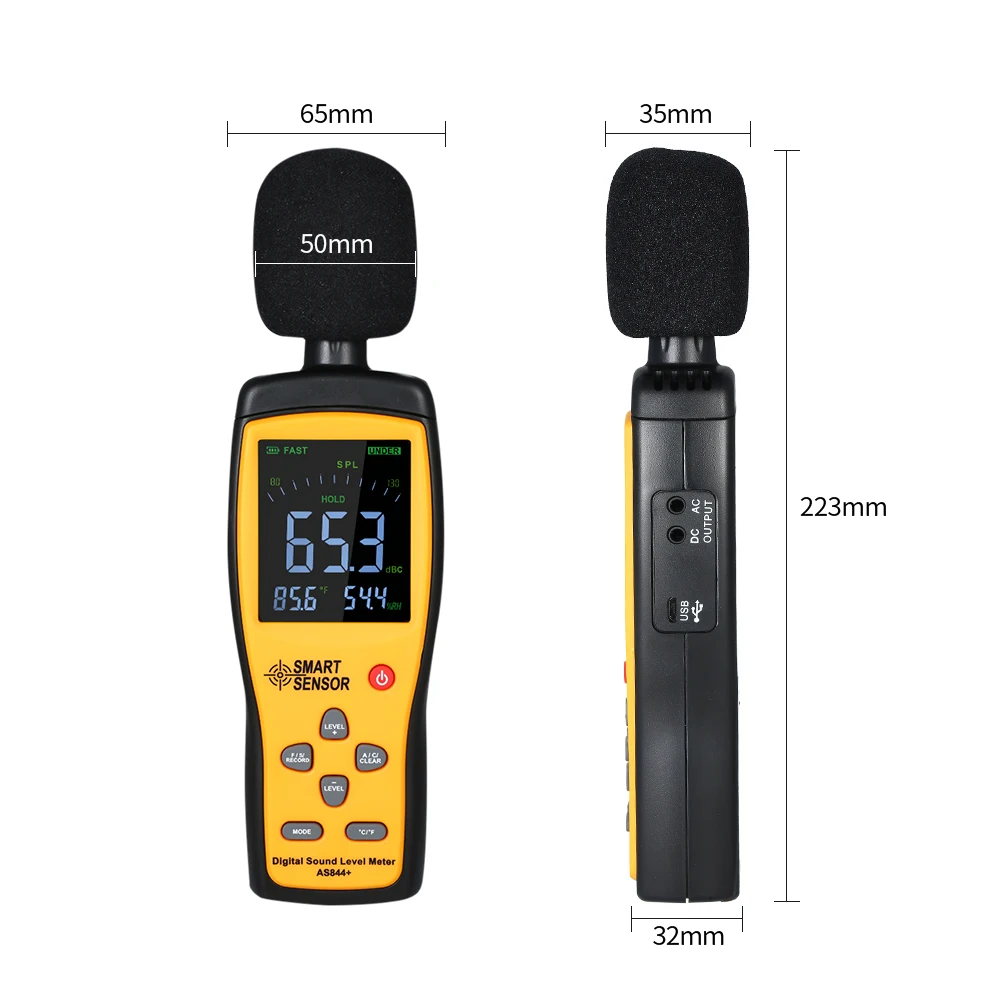 30-130 dB Digital Sound Level Meter Thermometer Hygrometer Noise Volume Tester with USB Connect Computer Data Record Function