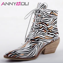 ANNYMOLI Autumn Ankle Boots Women Mixed Colors Thick High Heel Short Boots Lace Up Pointed Toe Lady Shoes Spring Big Size 35-43 цена ANNYMOLI Autumn Ankle Boots Women Mixed Colors Thick High Heel Short Boots Lace Up Pointed Toe Lady Shoes Spring Big Size 35-43 цены онлайн