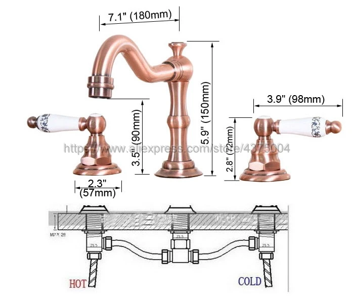 Bathroom Sink Faucet Antique Red Copper Widespread 3pcs Ceramics Handles Basin 3 Holes Mixer Tap Nnf175