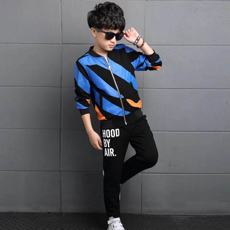 

2016 Fashion Big Boy Clothing Set Kid Sport Suit Stripe Contrast Color Jacket +Letter Print Pants Active Autumn Children 2 Piece