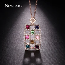 NEWBARK Rectangle Lattice Multicolor Crystal Pendant Necklace Big Ethnic Rose Gold Plated Cable Chain Fashion Women Jewelry Gift
