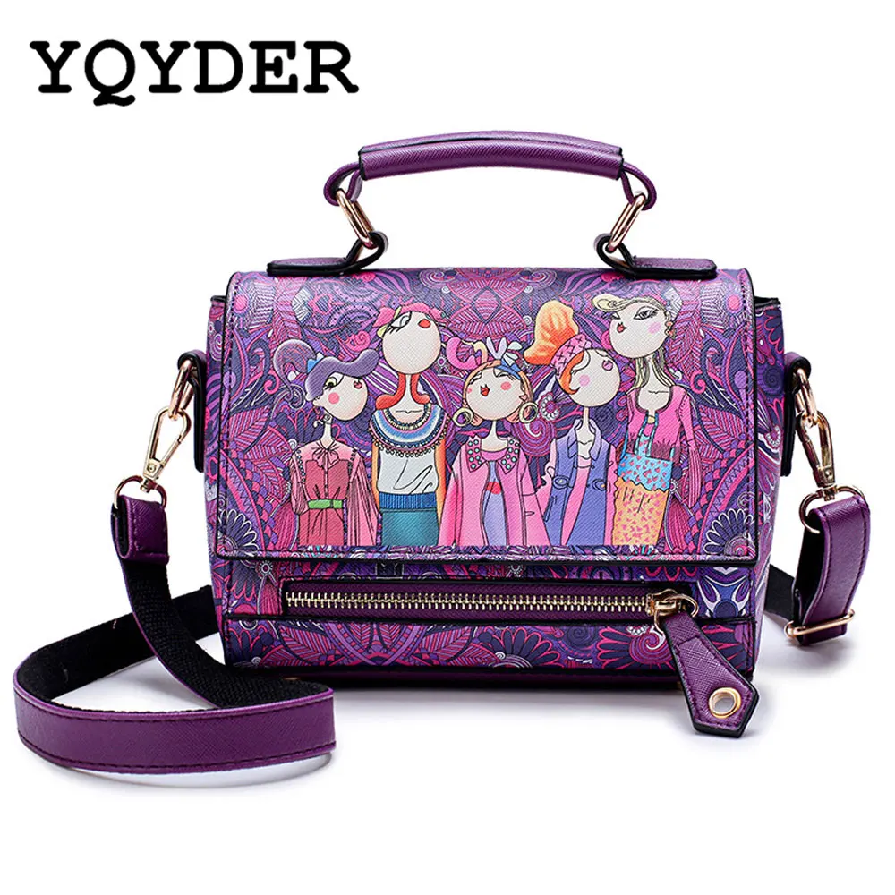 YQYDER أزياء النساء جلد حقيبة ساعي الوطني نمط زهرة طباعة حقيبة يد السيدات صغيرة Crossbody حقائب النساء حقائب كتف