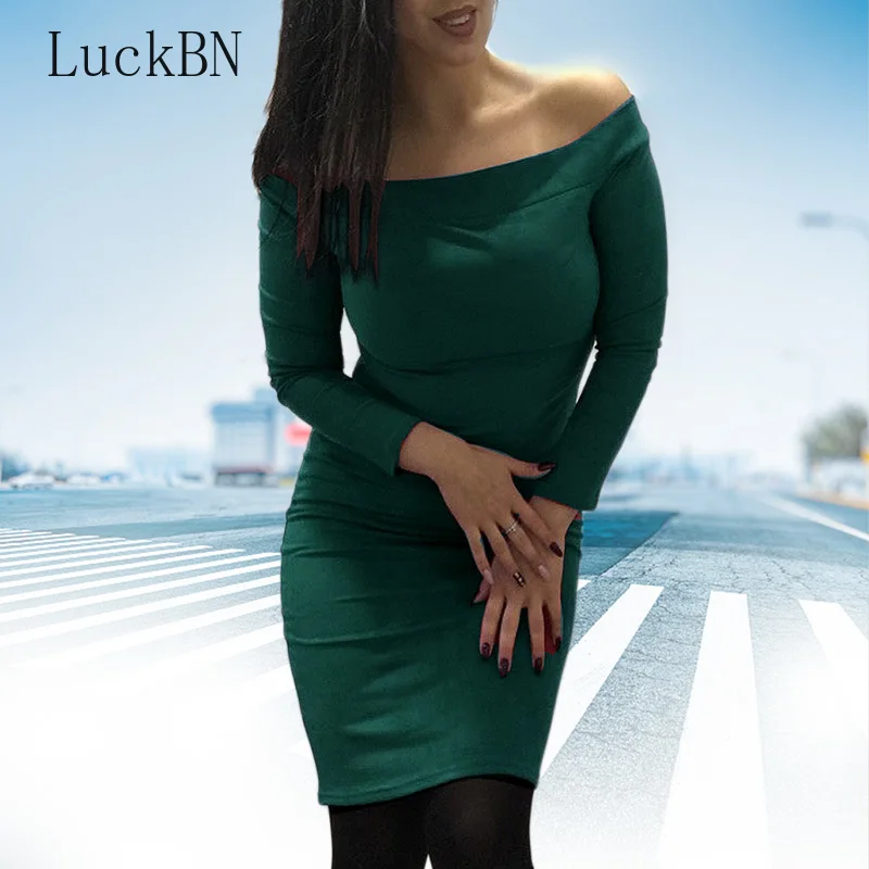 

Autumn Winter Faux Suede Long Sleeve Off Shoulder Women Knee Dresses Ladies Sexy Bodycon Party Dresses Velvet Fashion Vestidos