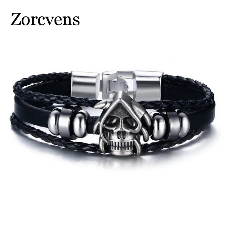 

ZORCVENS Punk Skull Men Bracelet Beaded Charms PU Leather Gothic Cool Rock Bracelets & Bangles
