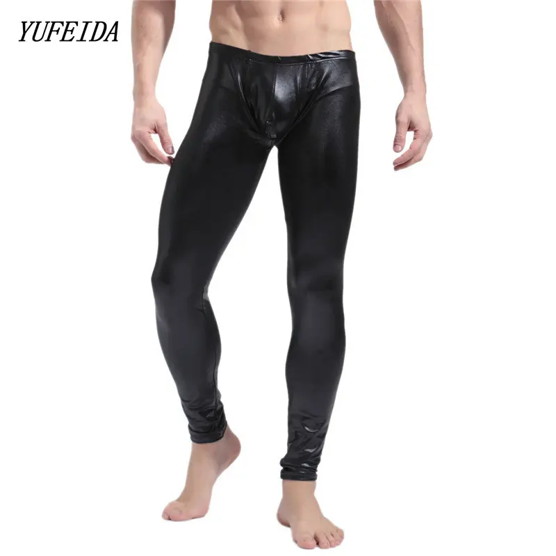 

Sexy Men Skinny Faux Leather Muscle Tights Pants Body Shaper Leggings Black Leggins Male Performance Underpants Night Clubwear